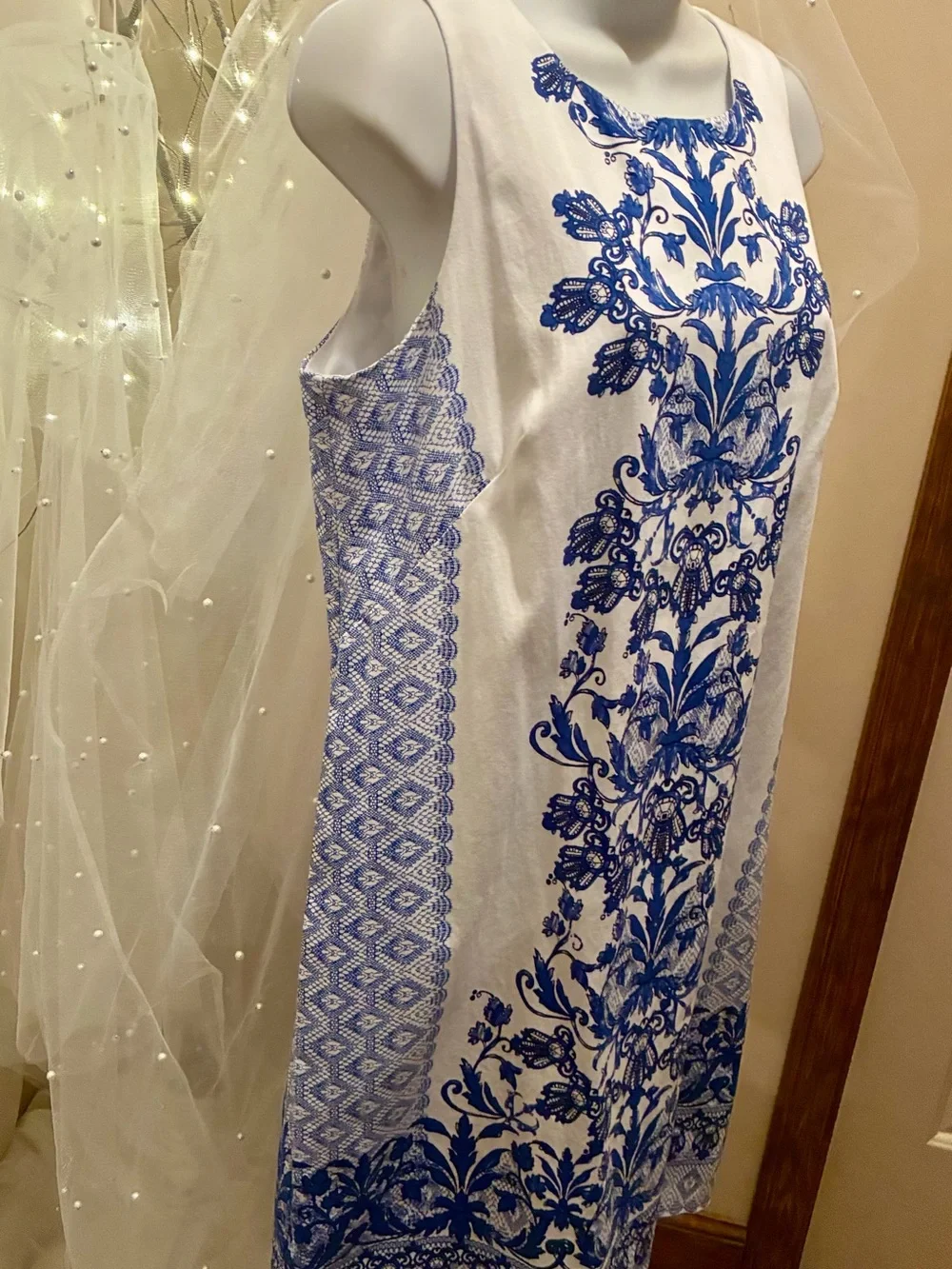 London Times White Midi Dress with Royal Blue Floral Print - Picture 2 of 6
